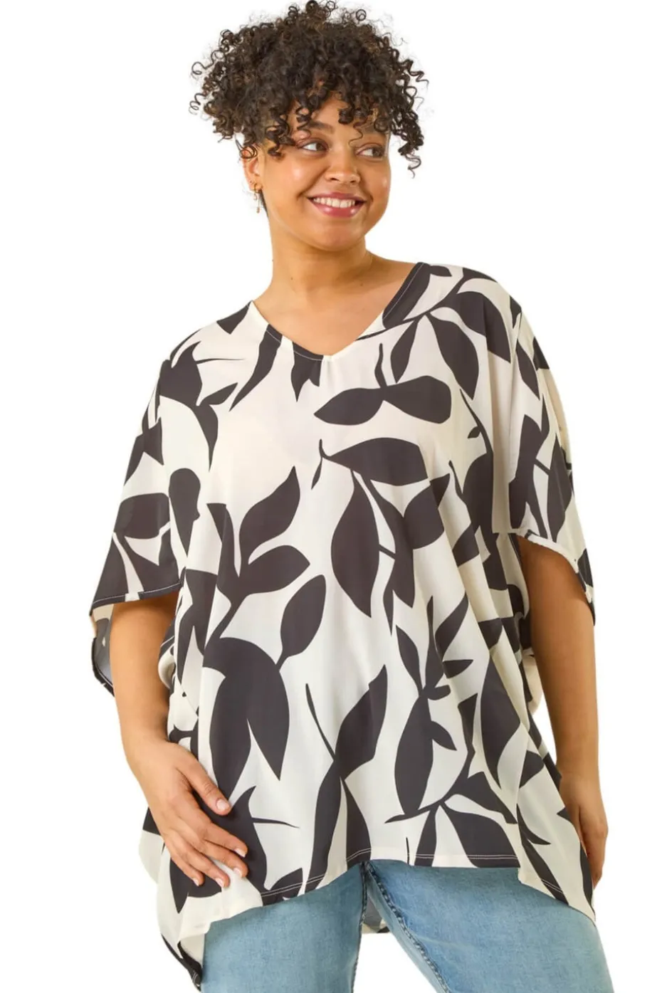 Roman Black Curve Large Floral Print Cocoon Top