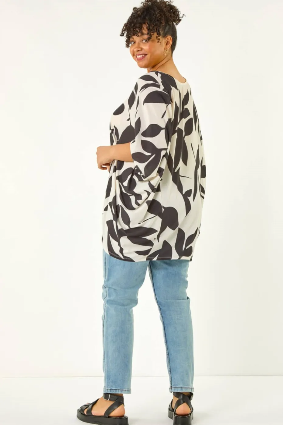 Roman Black Curve Large Floral Print Cocoon Top