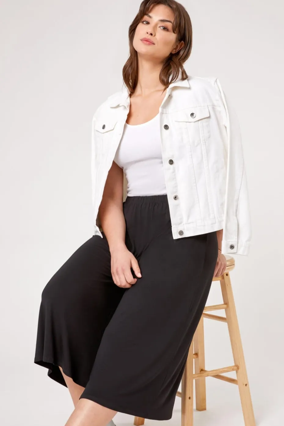 Roman Black Curve Plain Elastic Waist Culotte Trousers
