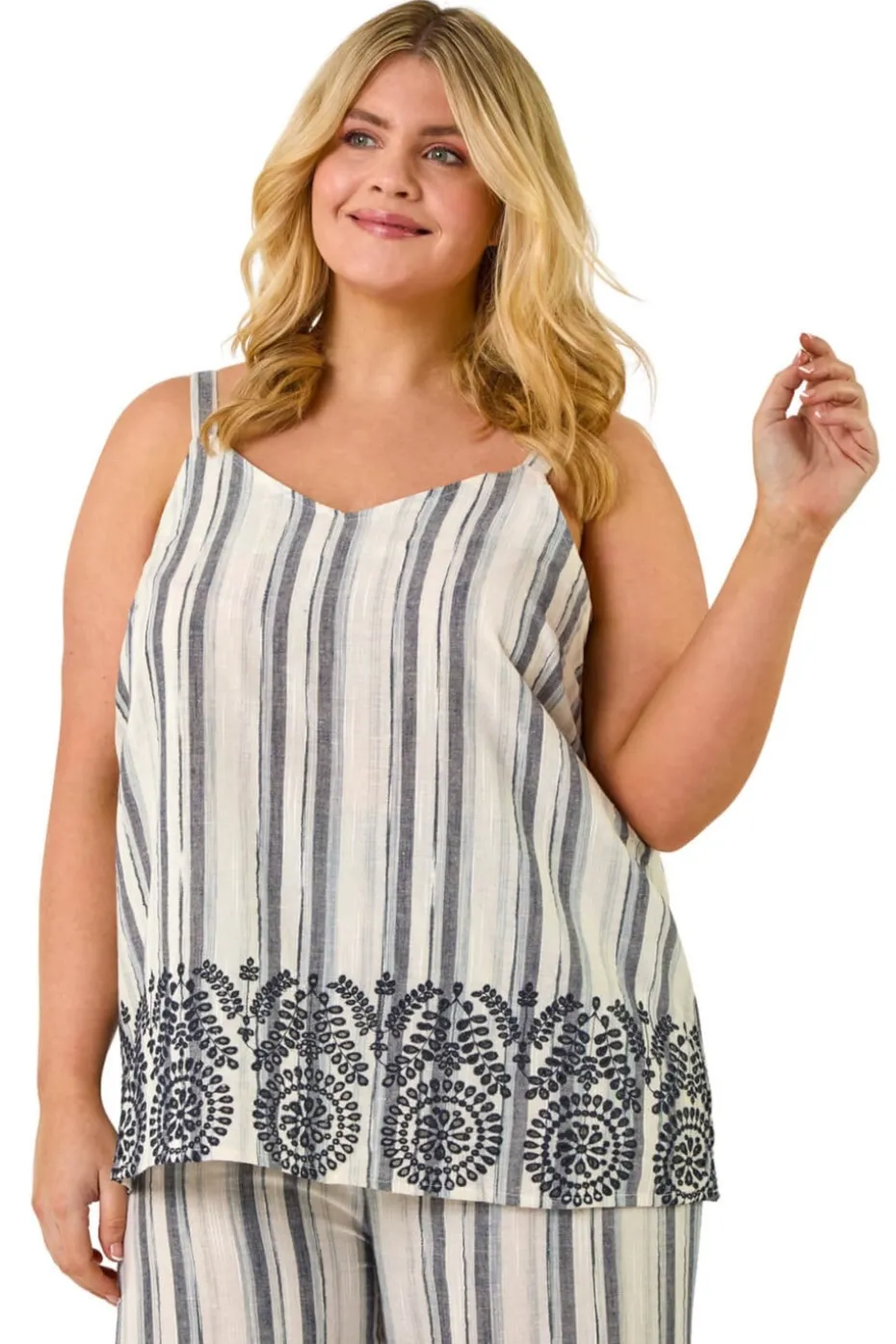 Roman Black Curve Strappy Broderie Hem Vest