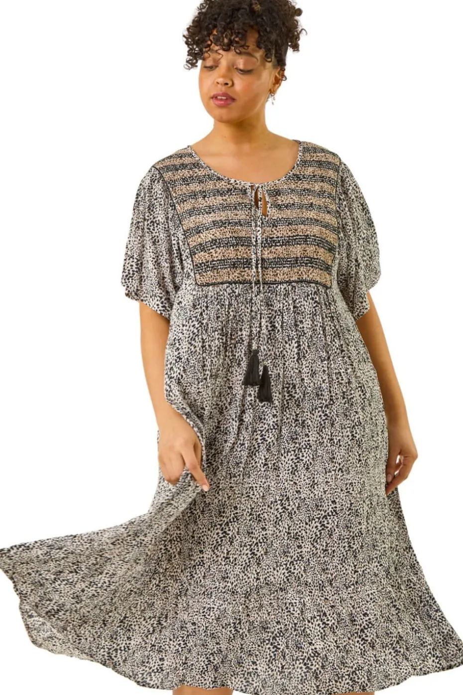 Roman Black Curve Tassel Trim Printed Dress