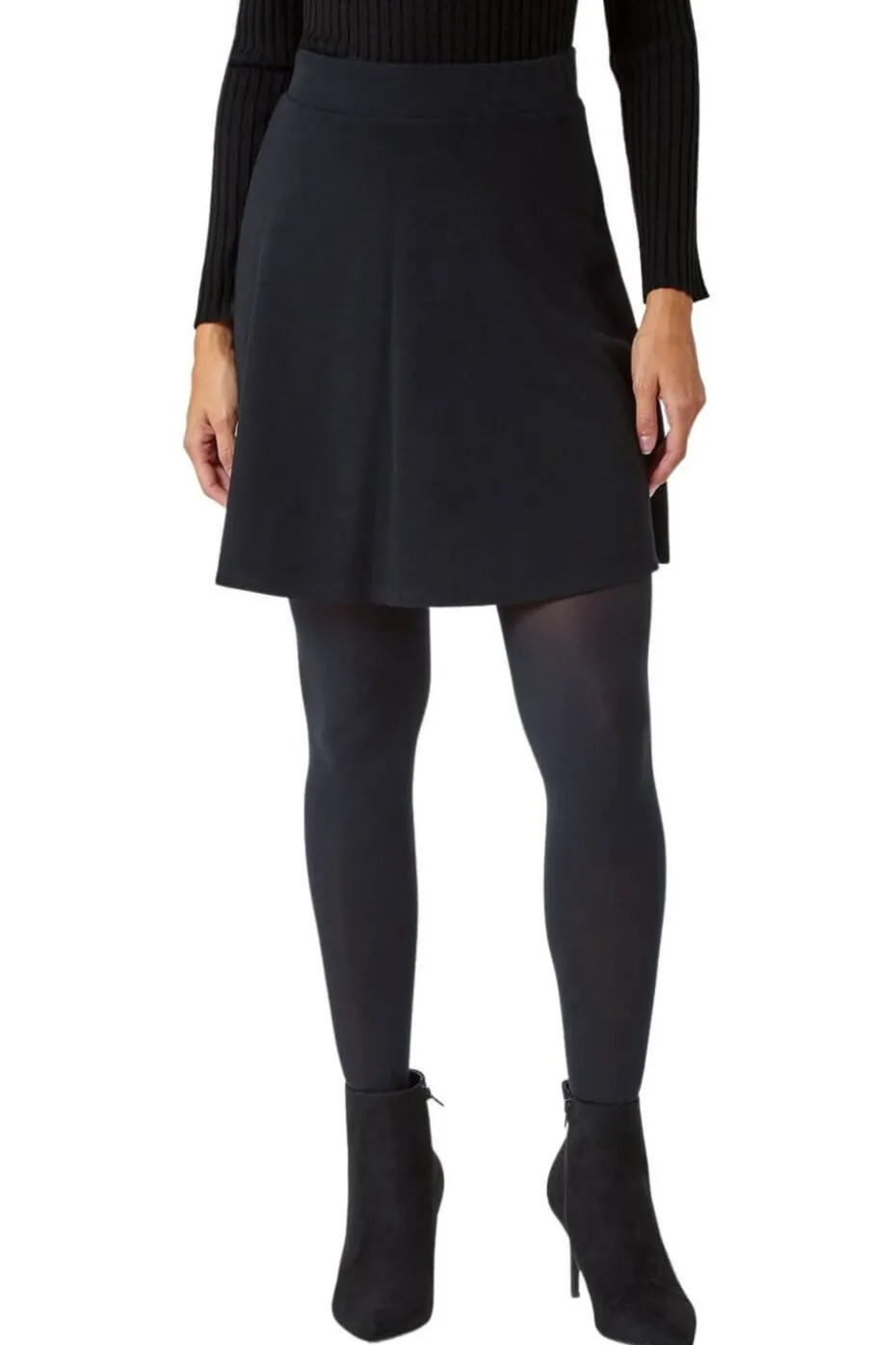 Roman Black Elastic Waist Stretch A Line Skater Skirt