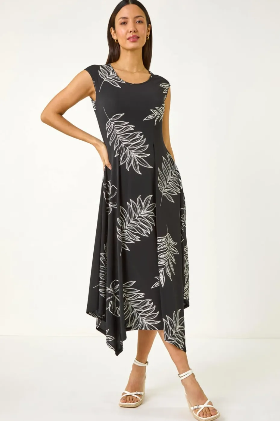 Roman Black Floral Hanky Hem Maxi Dress