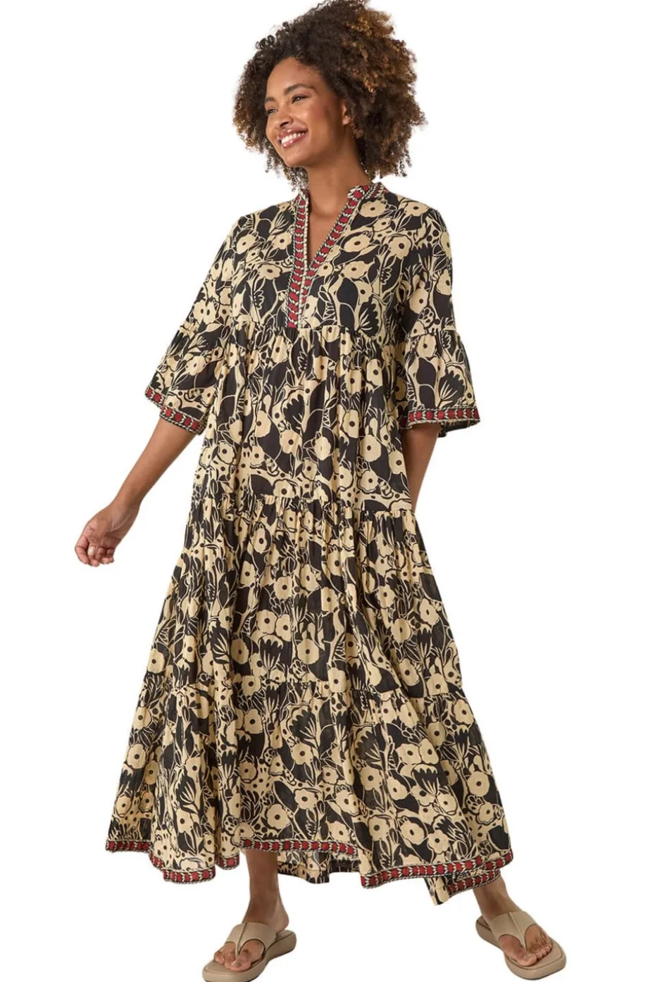Roman Black Floral Print Border Maxi Dress