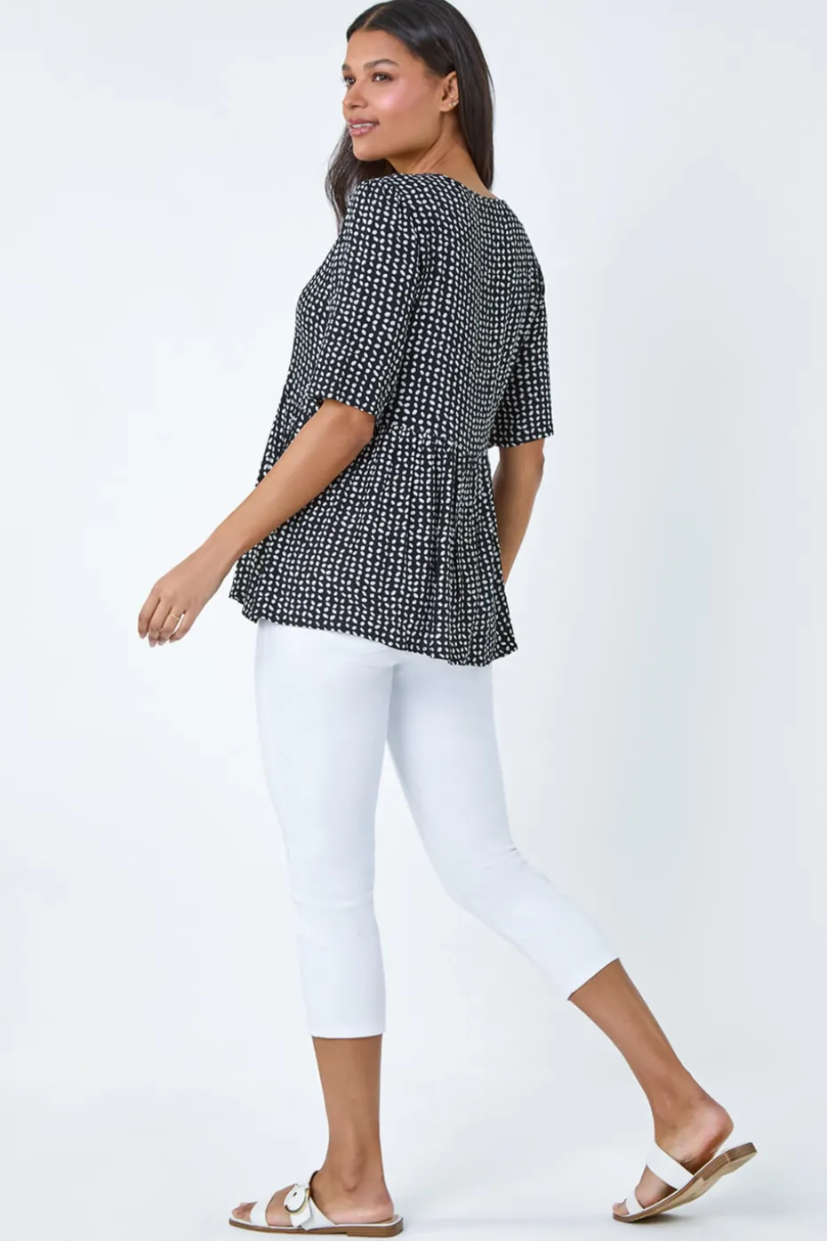 Roman Black Geometric Print Tassel Tie Smock Top