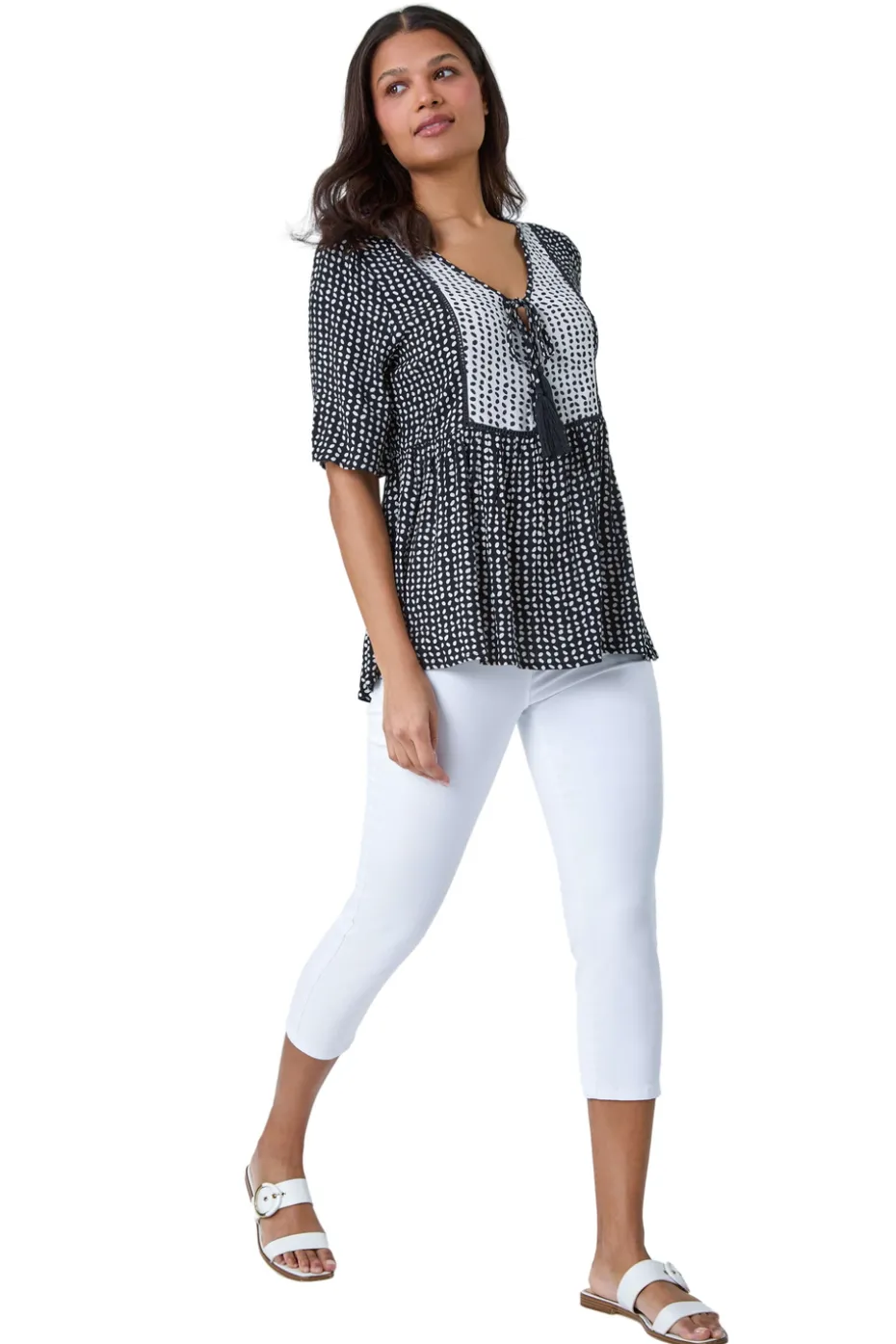 Roman Black Geometric Print Tassel Tie Smock Top