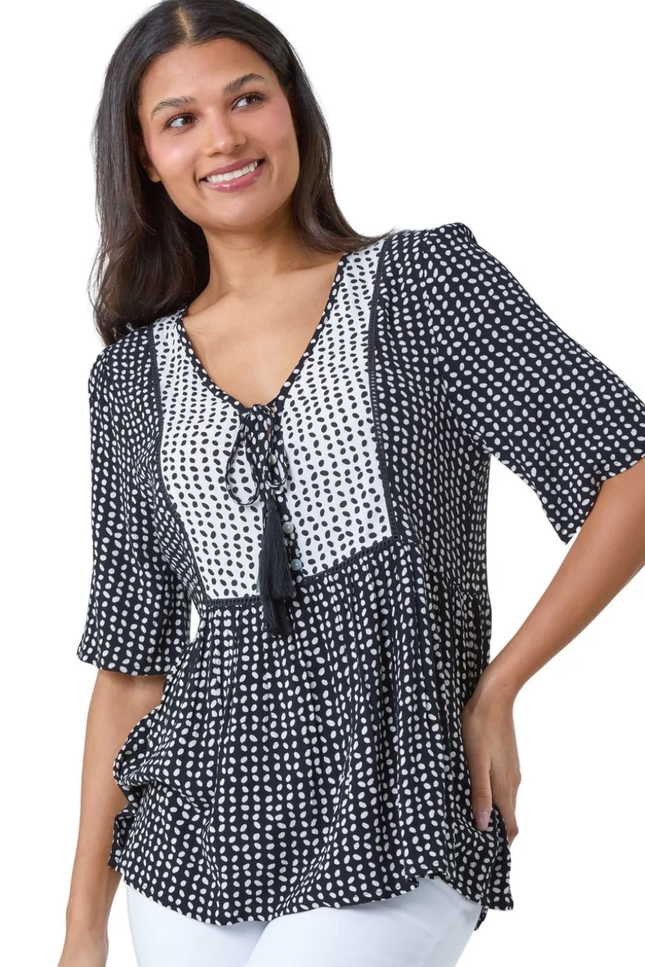 Roman Black Geometric Print Tassel Tie Smock Top