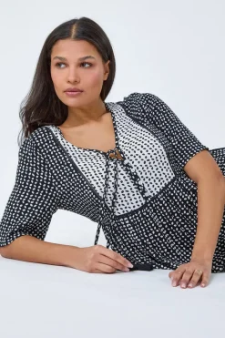 Roman Black Geometric Print Tassel Tie Smock Top