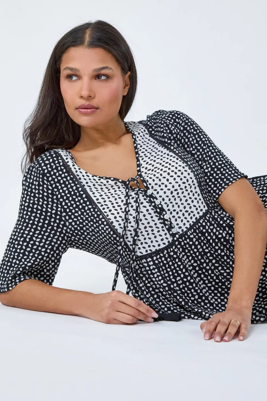 Roman Black Geometric Print Tassel Tie Smock Top