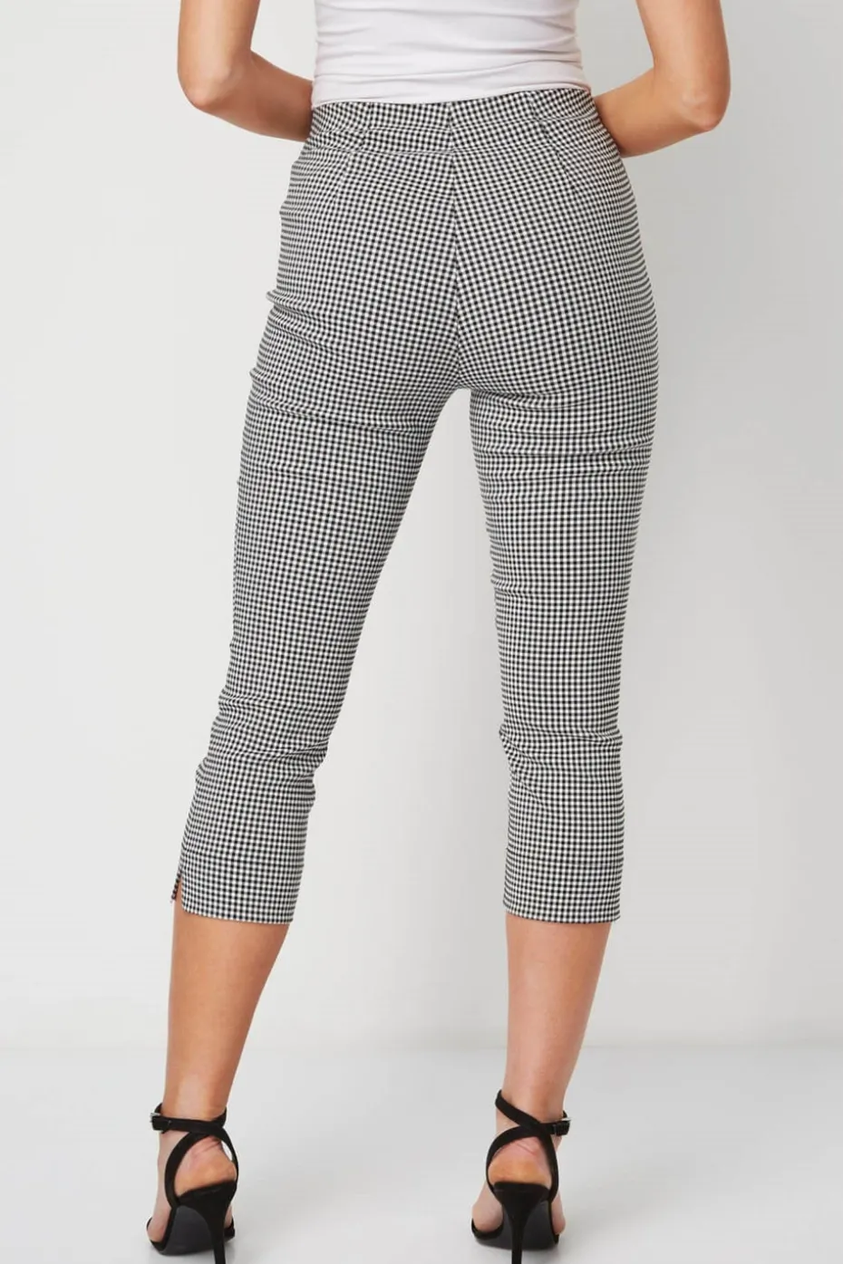 Roman Black Gingham Elastic Waist Stretch Cropped Trouser