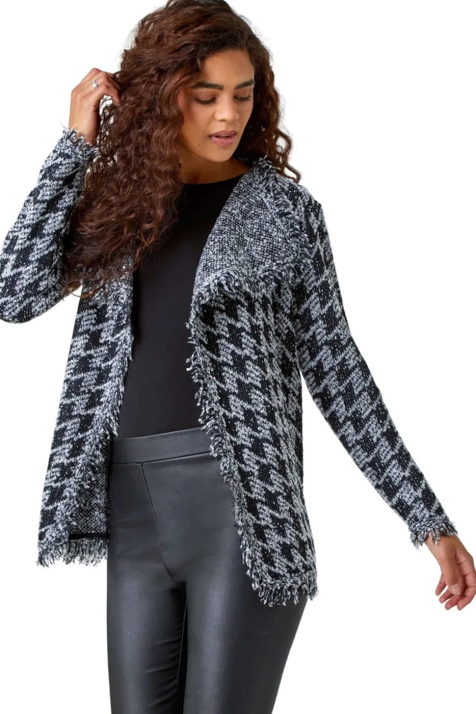 Roman Black Houndstooth Fringed Cardigan