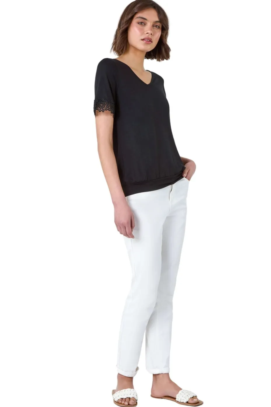 Roman Black Lace Trim Stretch Jersey T-Shirt