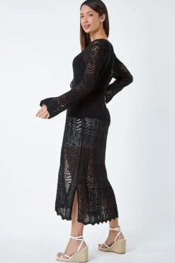 Roman Black Longline Tie Cotton Blend Knit Cardigan