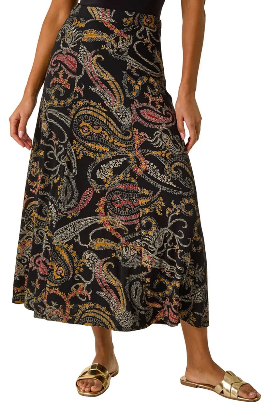 Roman Black Modern Paisley Print Midi Stretch Skirt