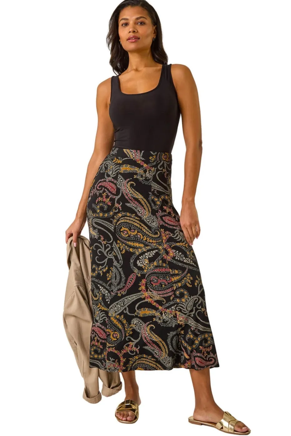 Roman Black Modern Paisley Print Midi Stretch Skirt