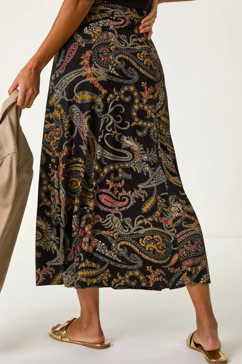 Roman Black Modern Paisley Print Midi Stretch Skirt