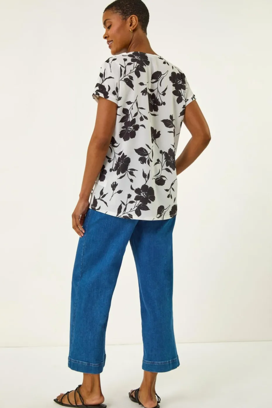 Roman Black Mono Floral Print Pleat Front Top