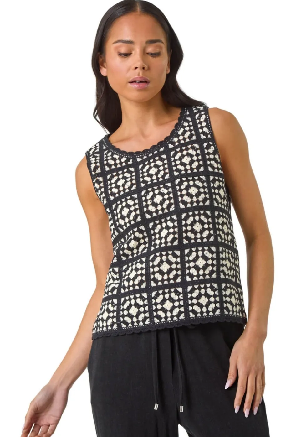 Roman Black Petite Crochet Patchwork Top