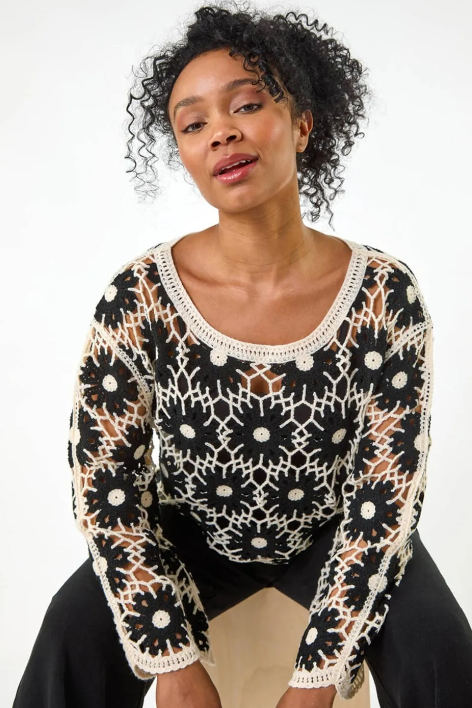 Roman Black Petite Crochet Floral Top