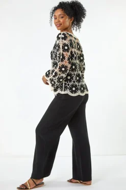Roman Black Petite Crochet Floral Top