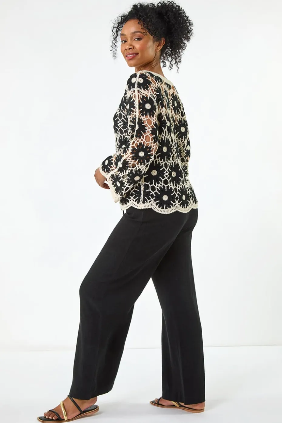 Roman Black Petite Crochet Floral Top