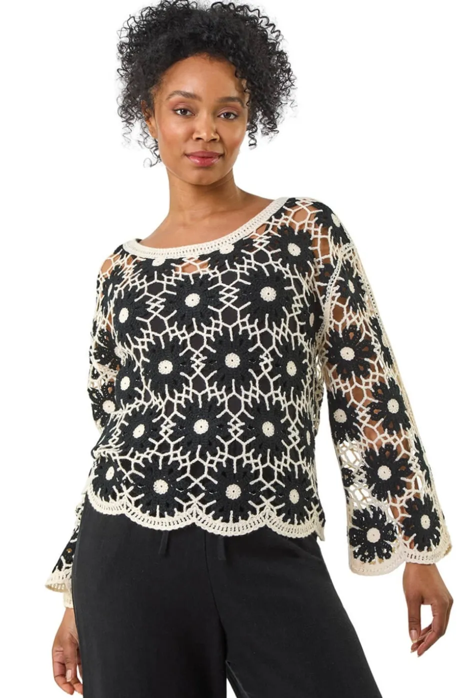 Roman Black Petite Crochet Floral Top