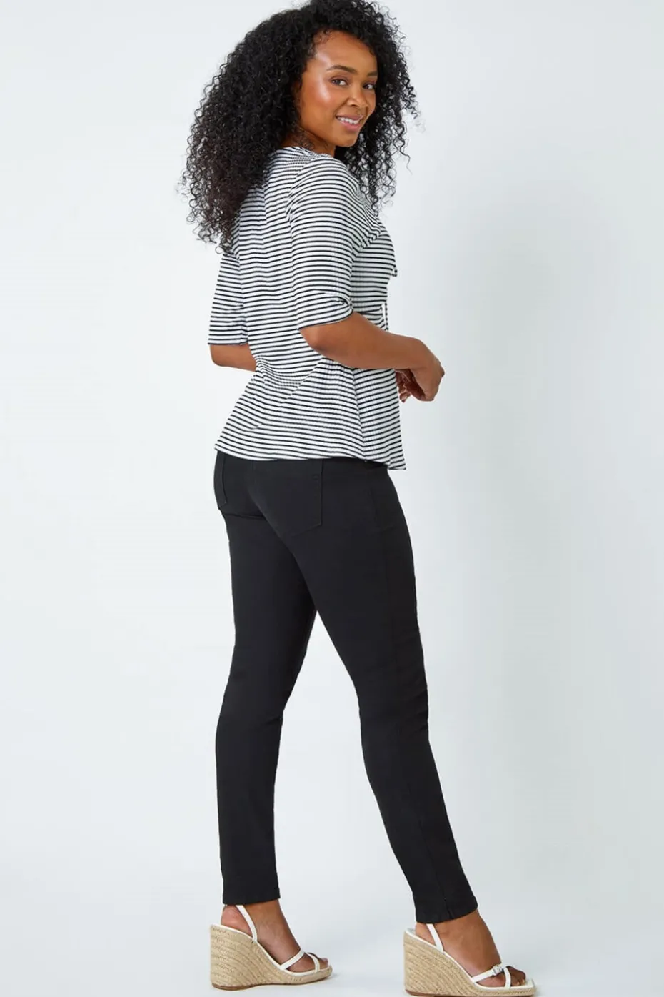 Roman Black Petite Stripe Ruched V-Neck Stretch Top