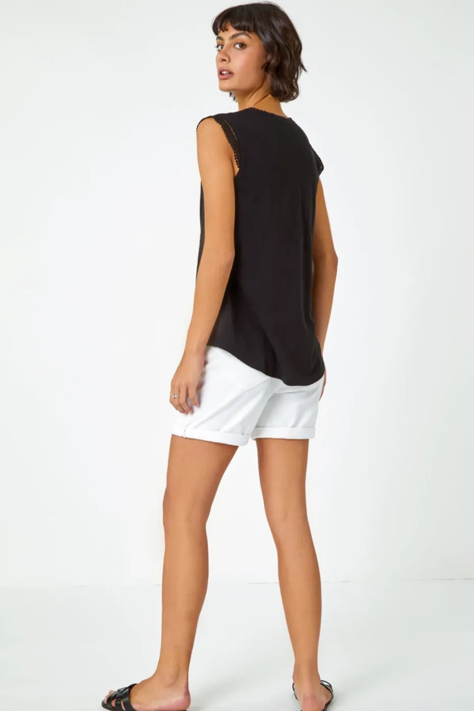 Roman Black Sleeveless Lace Trim Cotton Top