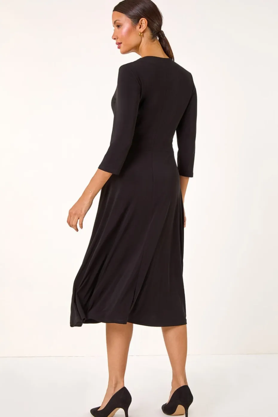 Roman Black Stretch Crossover Midi Dress