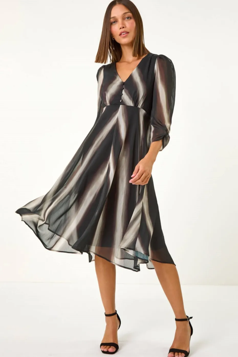 Roman Black Stripe Print V-Neck Hanky Hem Midi Dress
