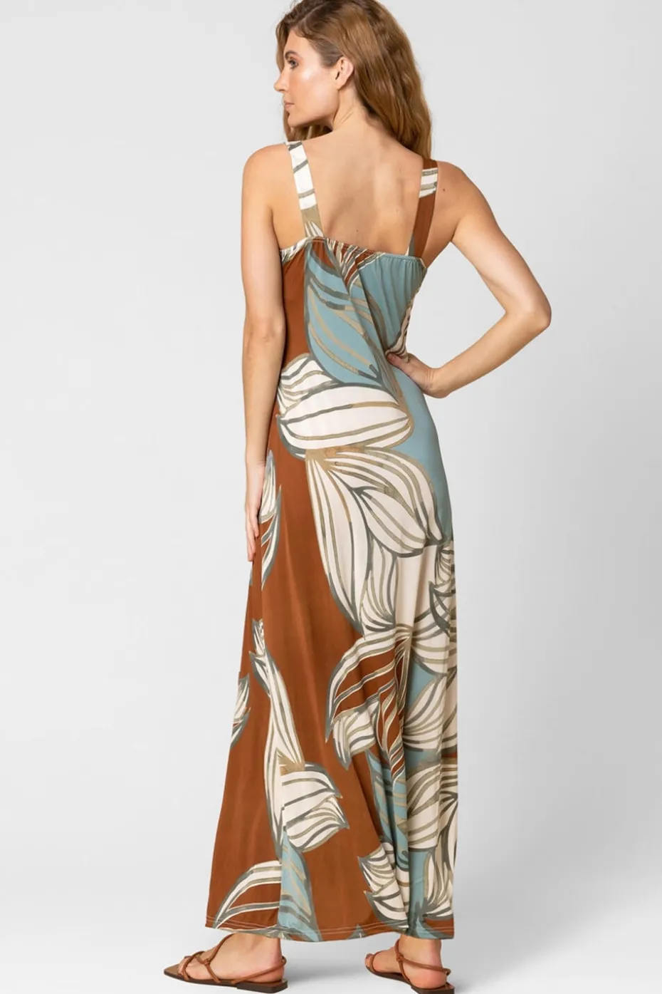 Roman Blue Abstract Leaf Print V Neck Maxi Dress