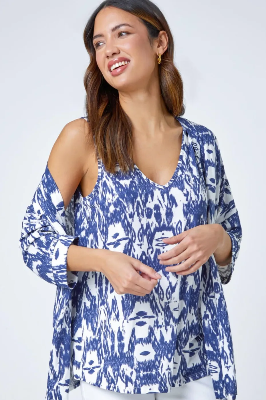Roman Blue Abstract Print V-Neck Stretch Jersey Cami Top
