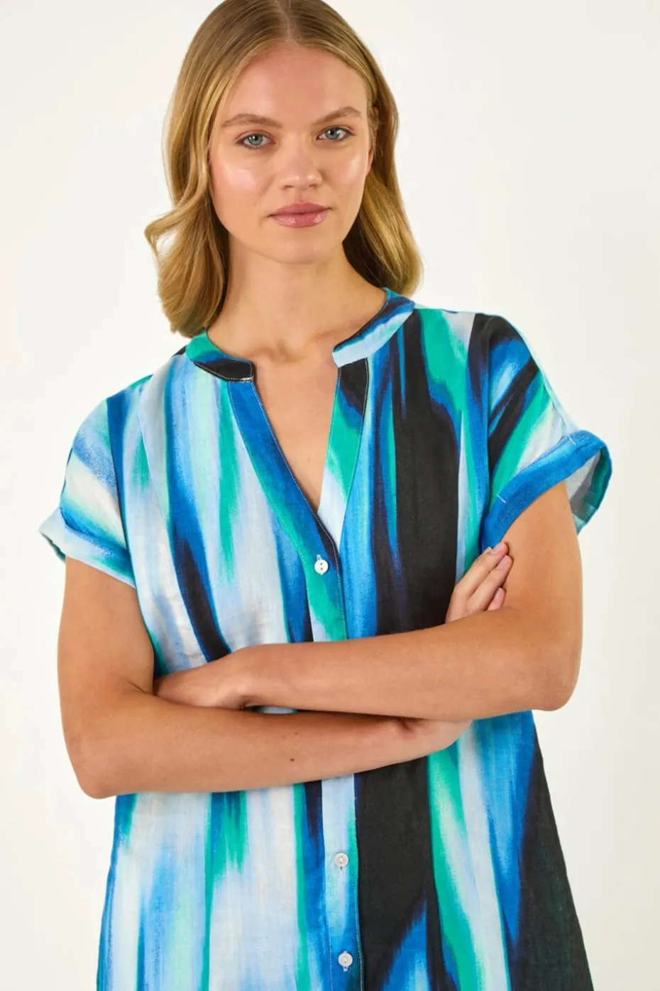 Roman Blue Abstract Printed Linen Shift Dress