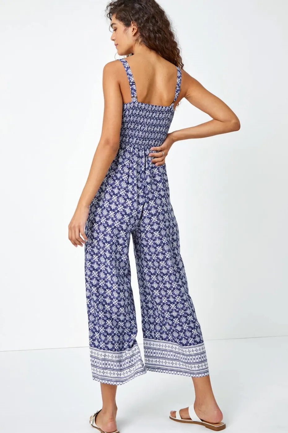 Roman Blue Border Print Culotte Jumpsuit