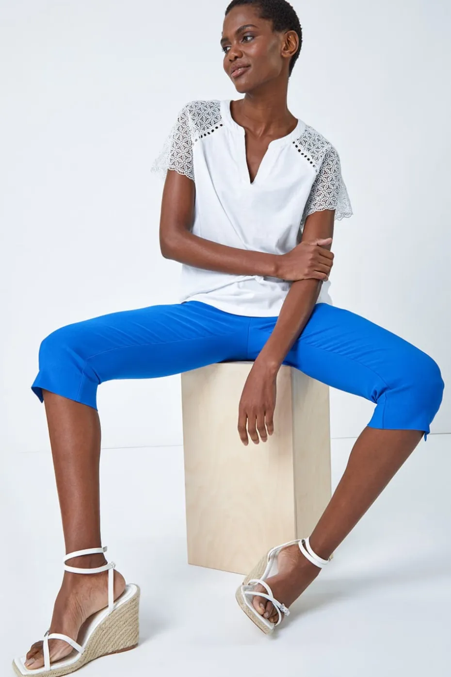 Roman Blue Cropped Stretch Trouser Capri Summer Leggings 3/4 Pedal Pushers