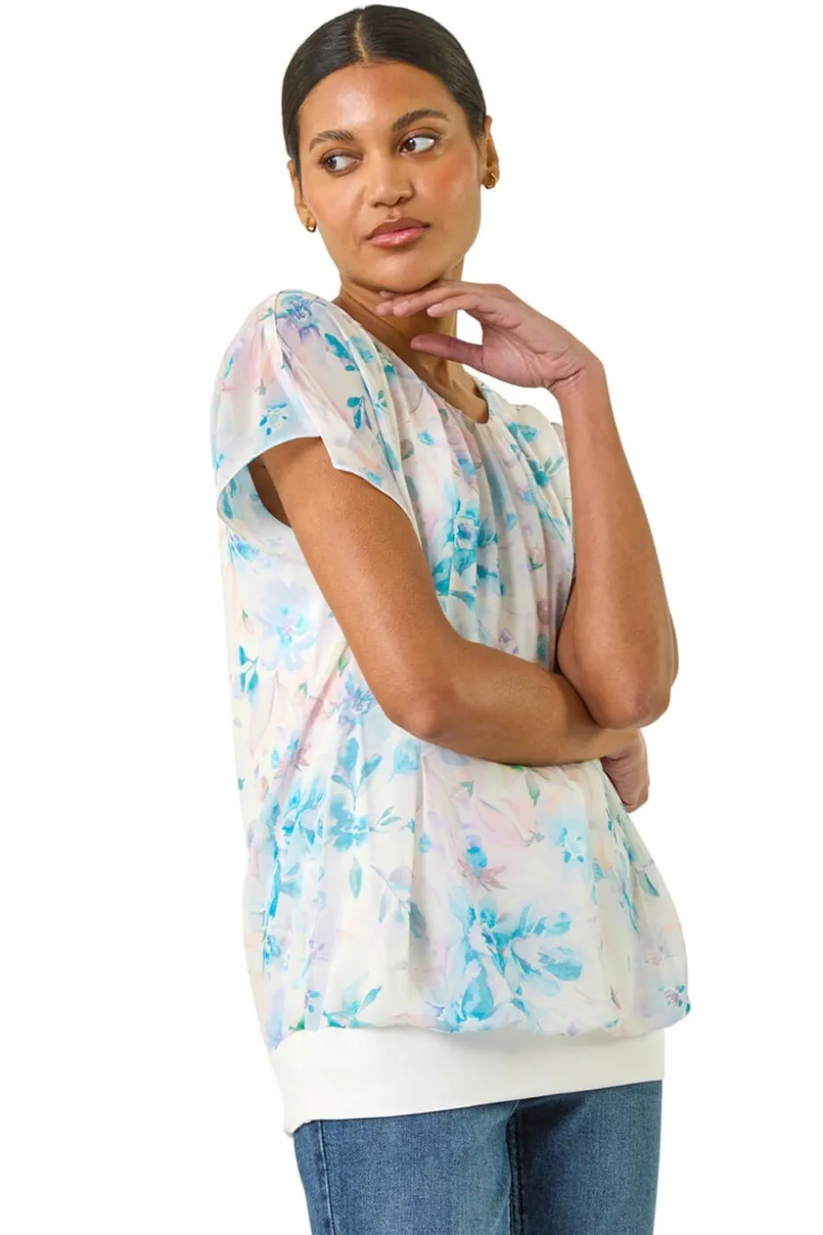 Roman Blue Floral Print Bubble Hem Top