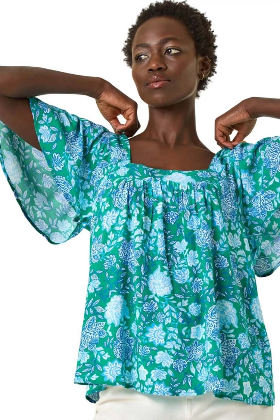 Roman Blue Floral Print Square Neck Top