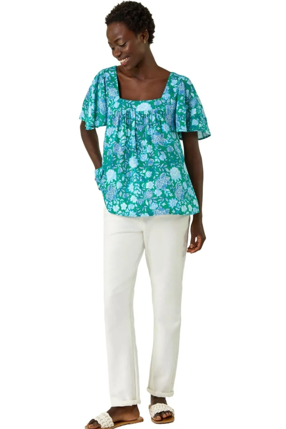 Roman Blue Floral Print Square Neck Top