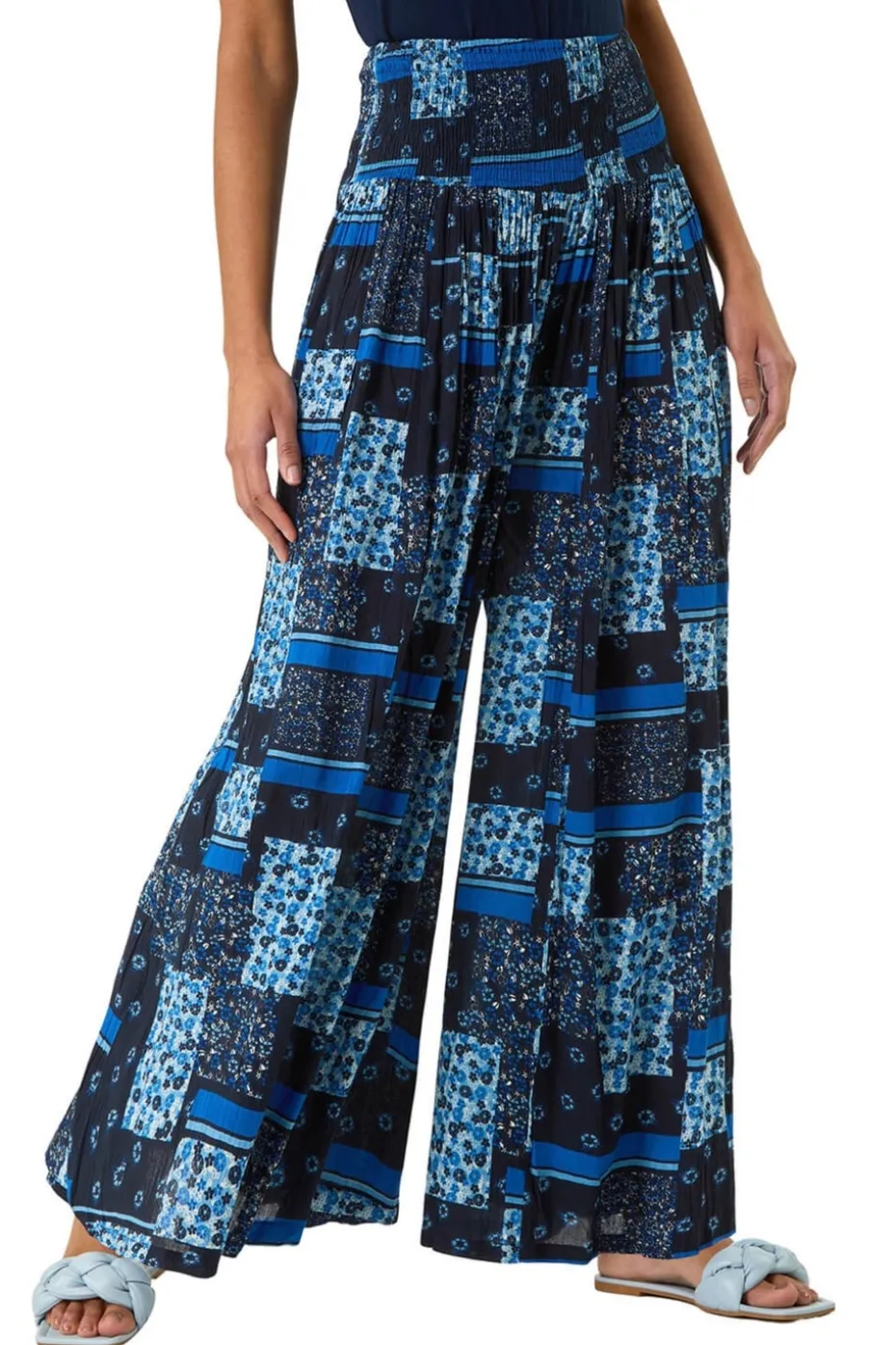Roman Blue Floral Tile Print Palazzo Wide Leg Trouser
