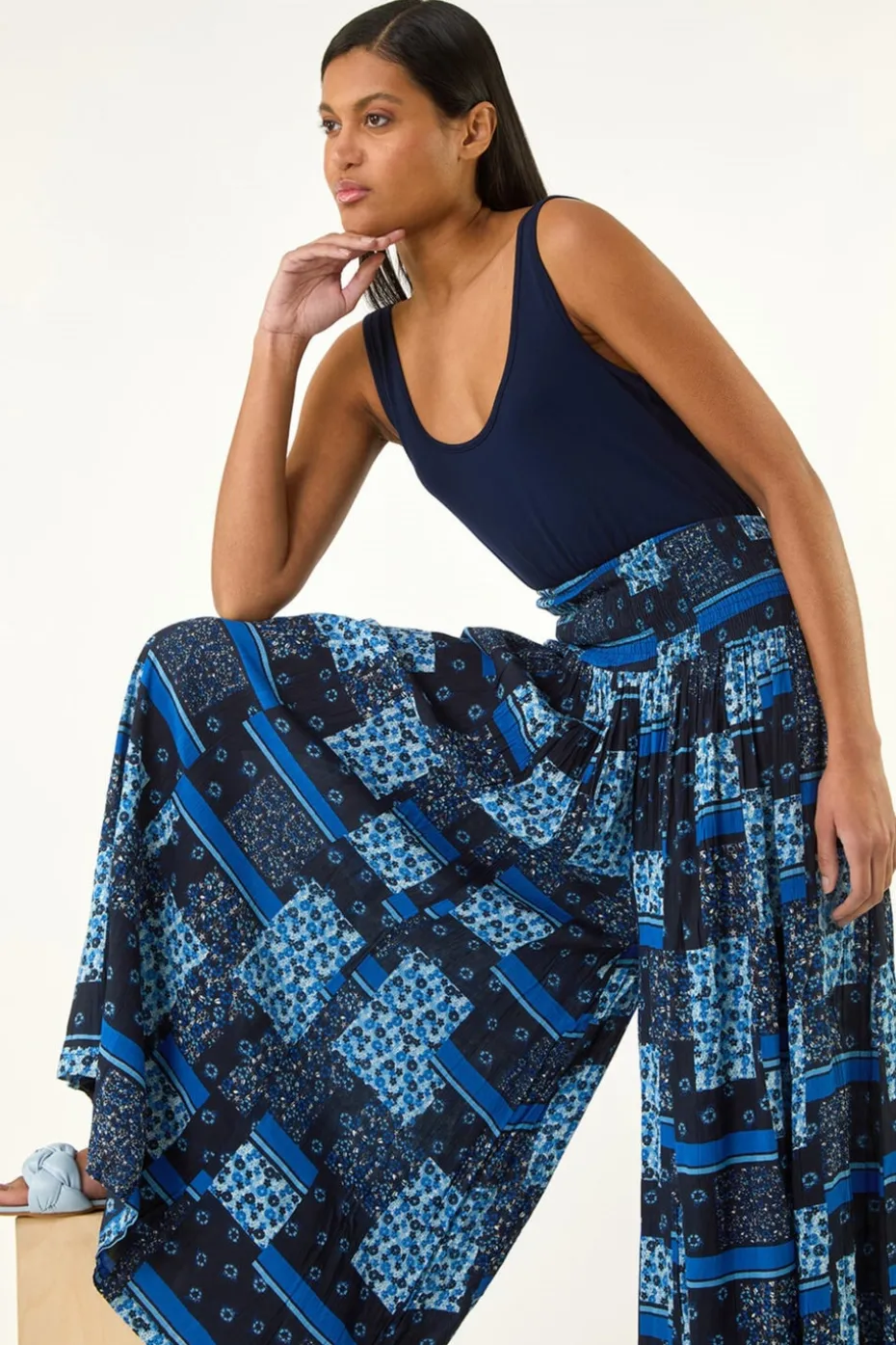 Roman Blue Floral Tile Print Palazzo Wide Leg Trouser