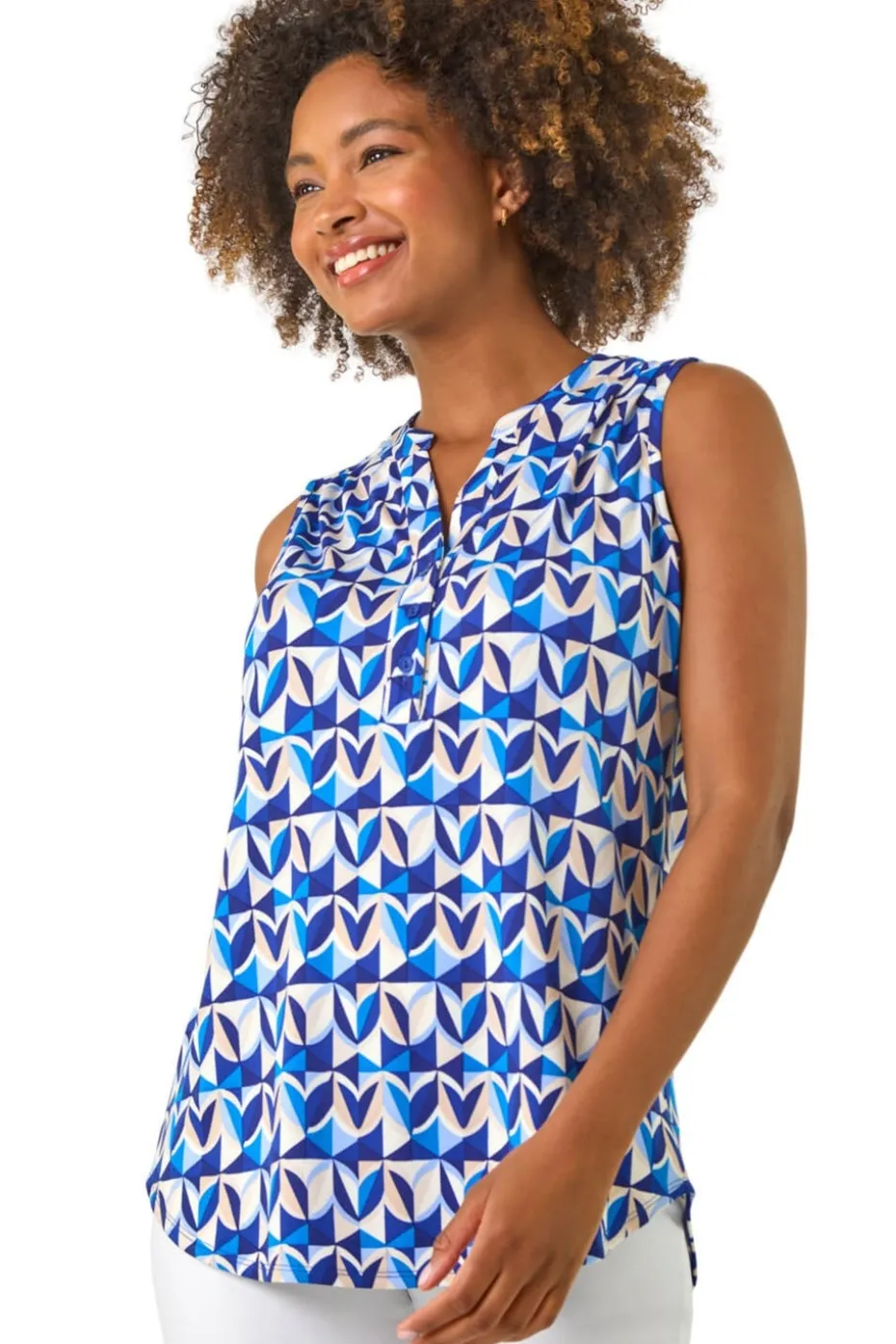 Roman Blue Geometric Gathered Vest Top