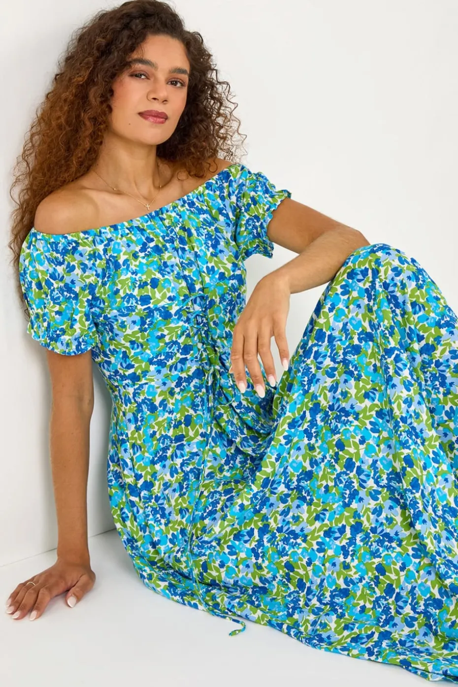 Roman Blue Lace Up Detail Floral Bardot Dress
