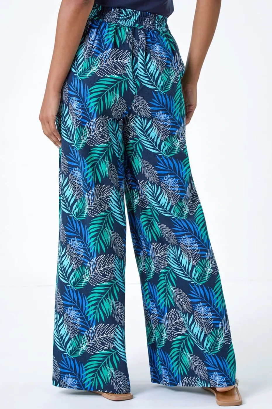 Roman Blue Leaf Linen Blend Wide Leg Trousers