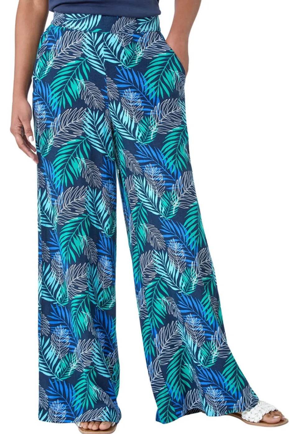 Roman Blue Leaf Linen Blend Wide Leg Trousers