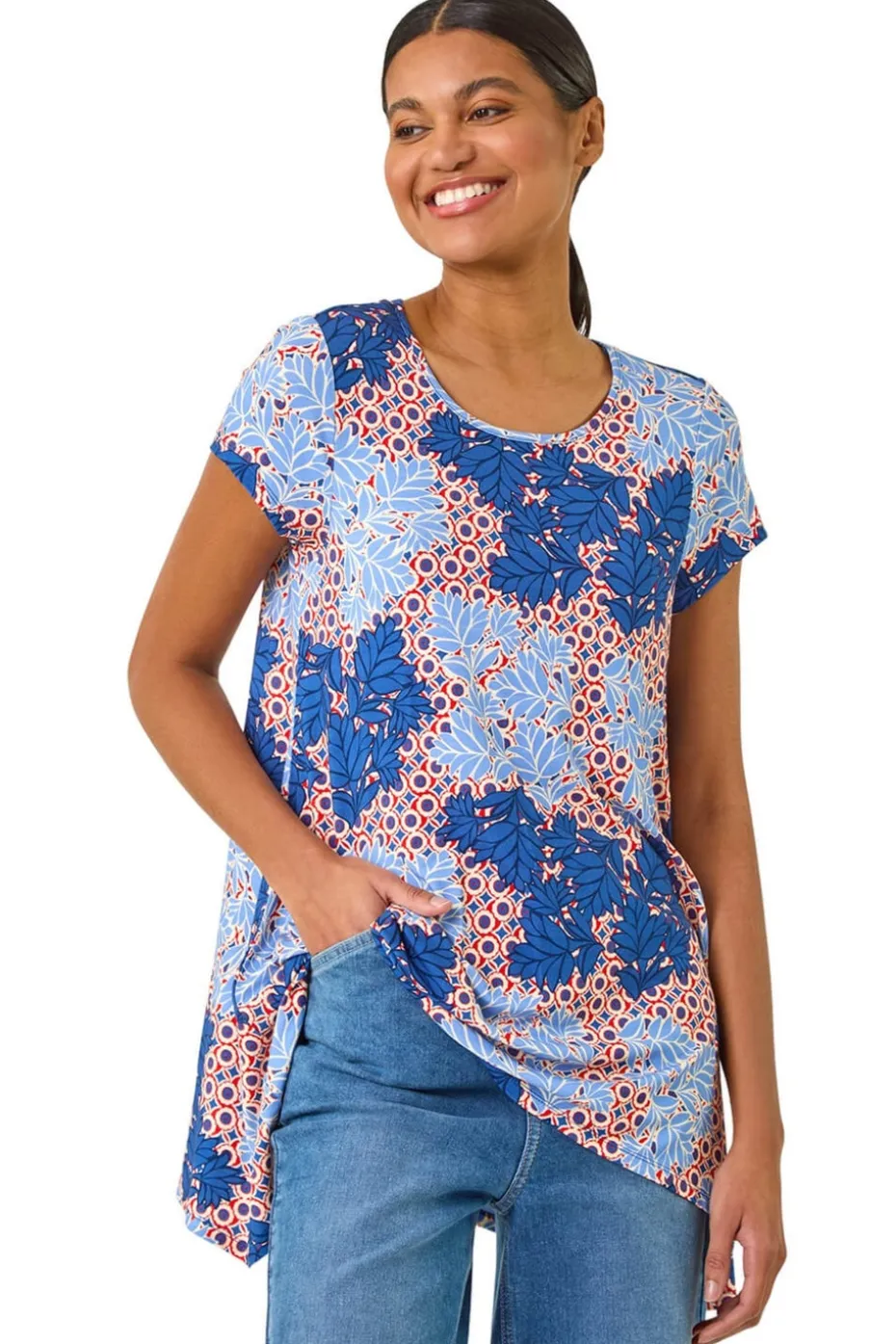 Roman Blue Leaf Print Hanky Hem Tunic Top