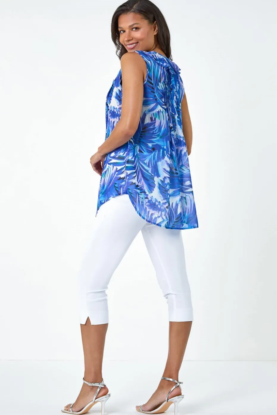 Roman Blue Leaf Print Ruffle Front Buttoned Blouse