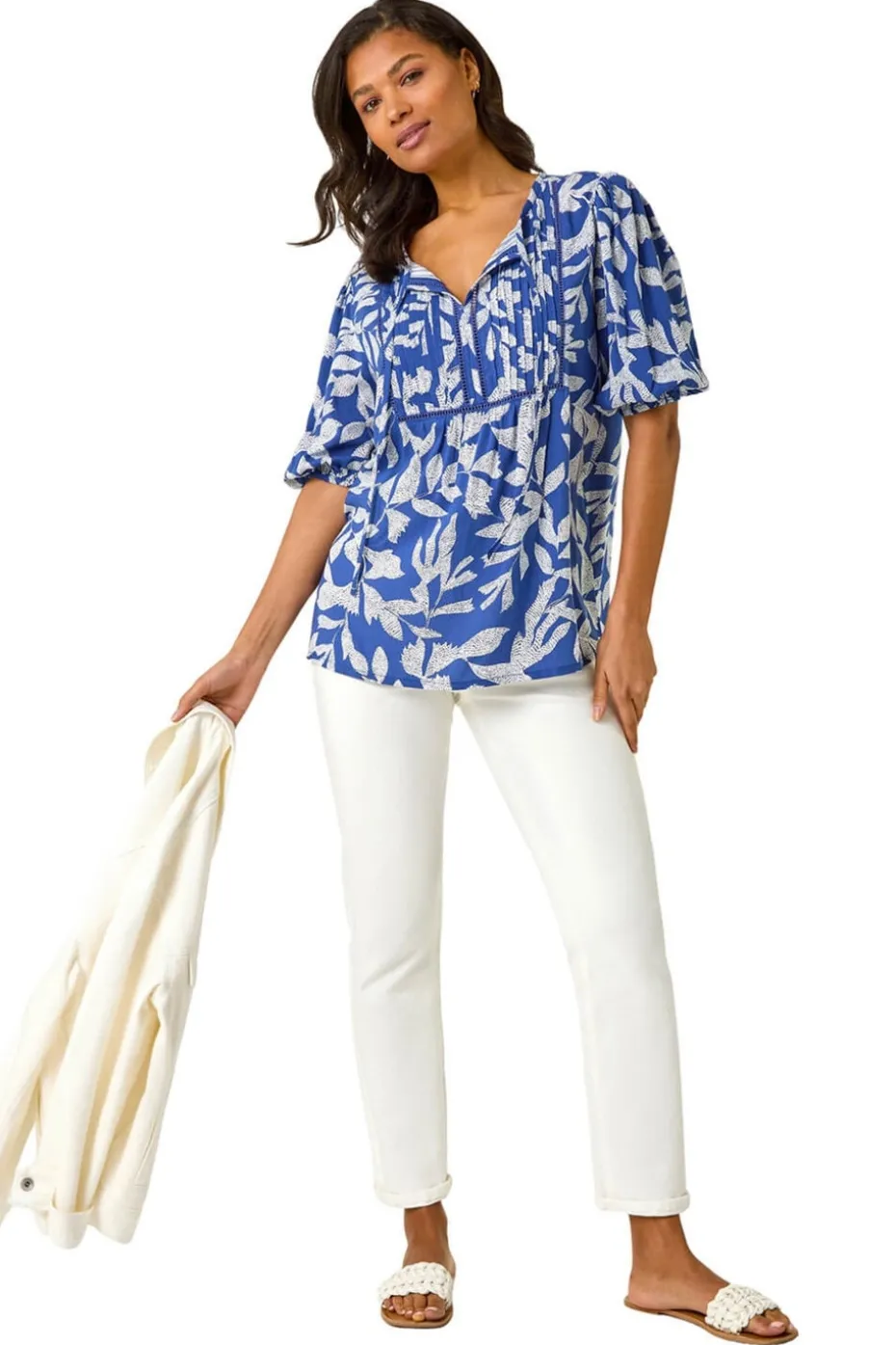 Roman Blue Leaf Print Tie Neck Pleated Top