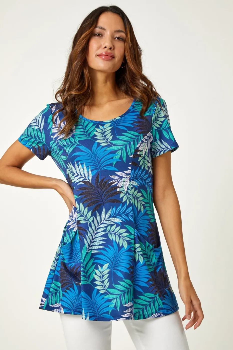 Roman Blue Palm Print Pocket Stretch Tunic Top