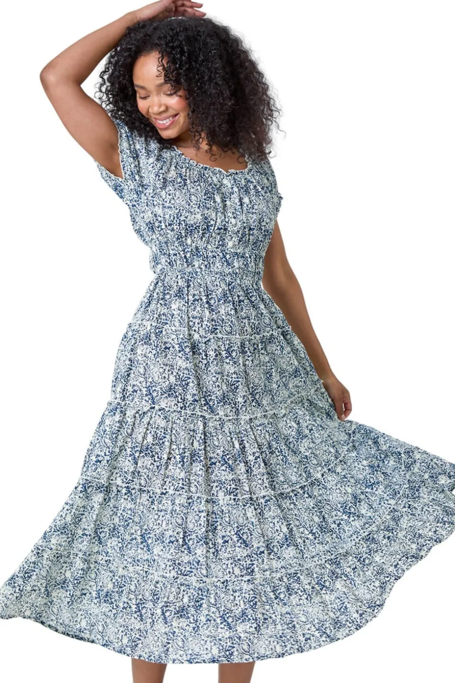 Roman Blue Petite Abstract Puff Sleeve Cotton Dress