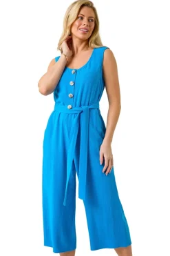 Roman Blue Petite Button Front Jumpsuit